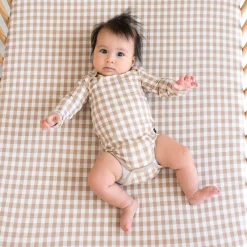 New Kyte Baby Long Sleeve Bodysuit in Gingham Bisque