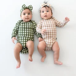 New Kyte Baby Long Sleeve Bodysuit in Gingham Bisque