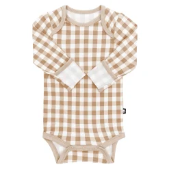 New Kyte Baby Long Sleeve Bodysuit in Gingham Bisque