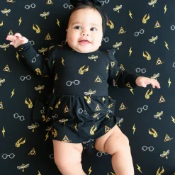 New Kyte Baby Long Sleeve Twirl Bodysuit Dress in Midnight Icon