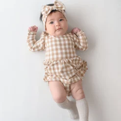 Clearance Kyte Baby Long Sleeve Twirl Bodysuit Dress in Gingham Bisque