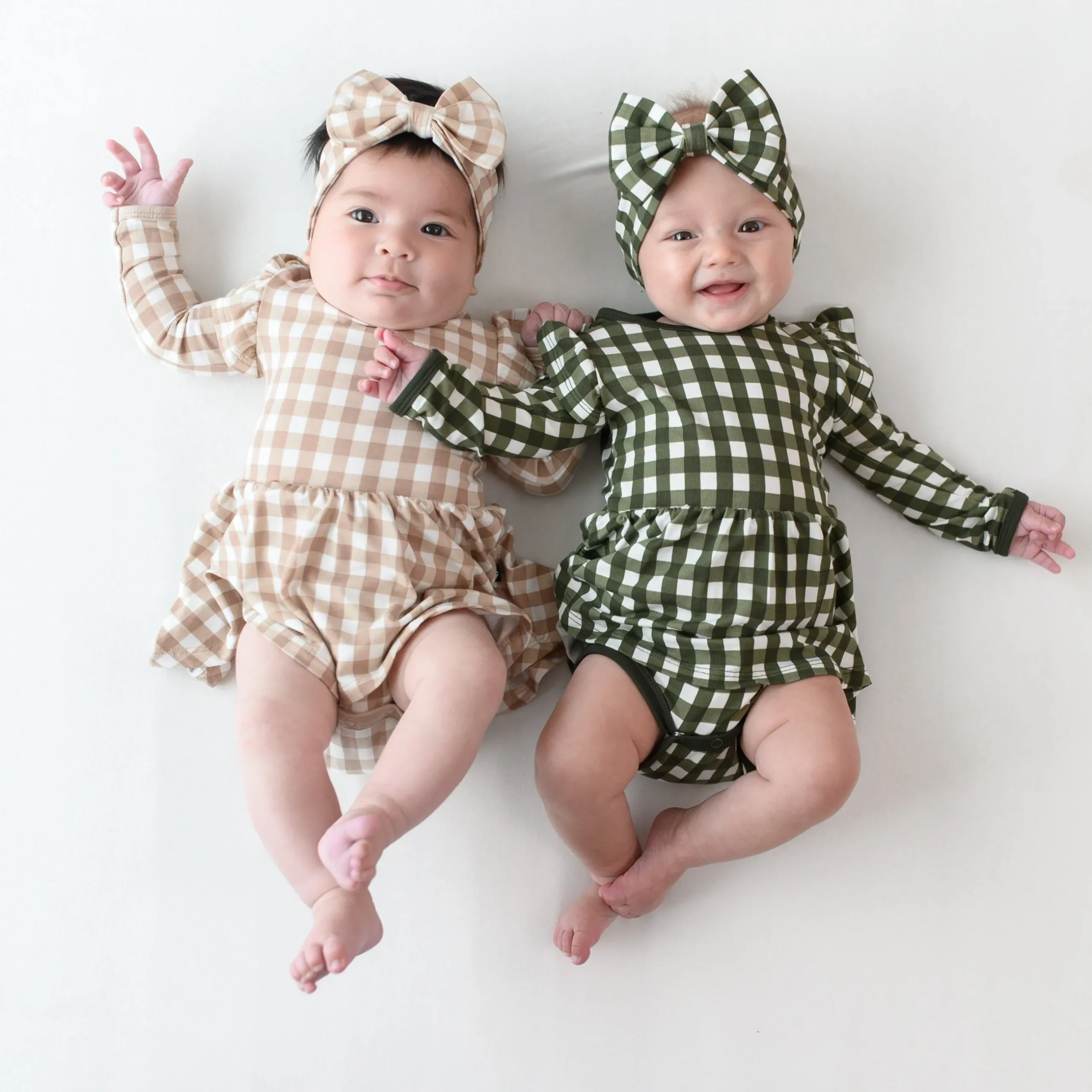 Clearance Kyte Baby Long Sleeve Twirl Bodysuit Dress in Gingham Bisque