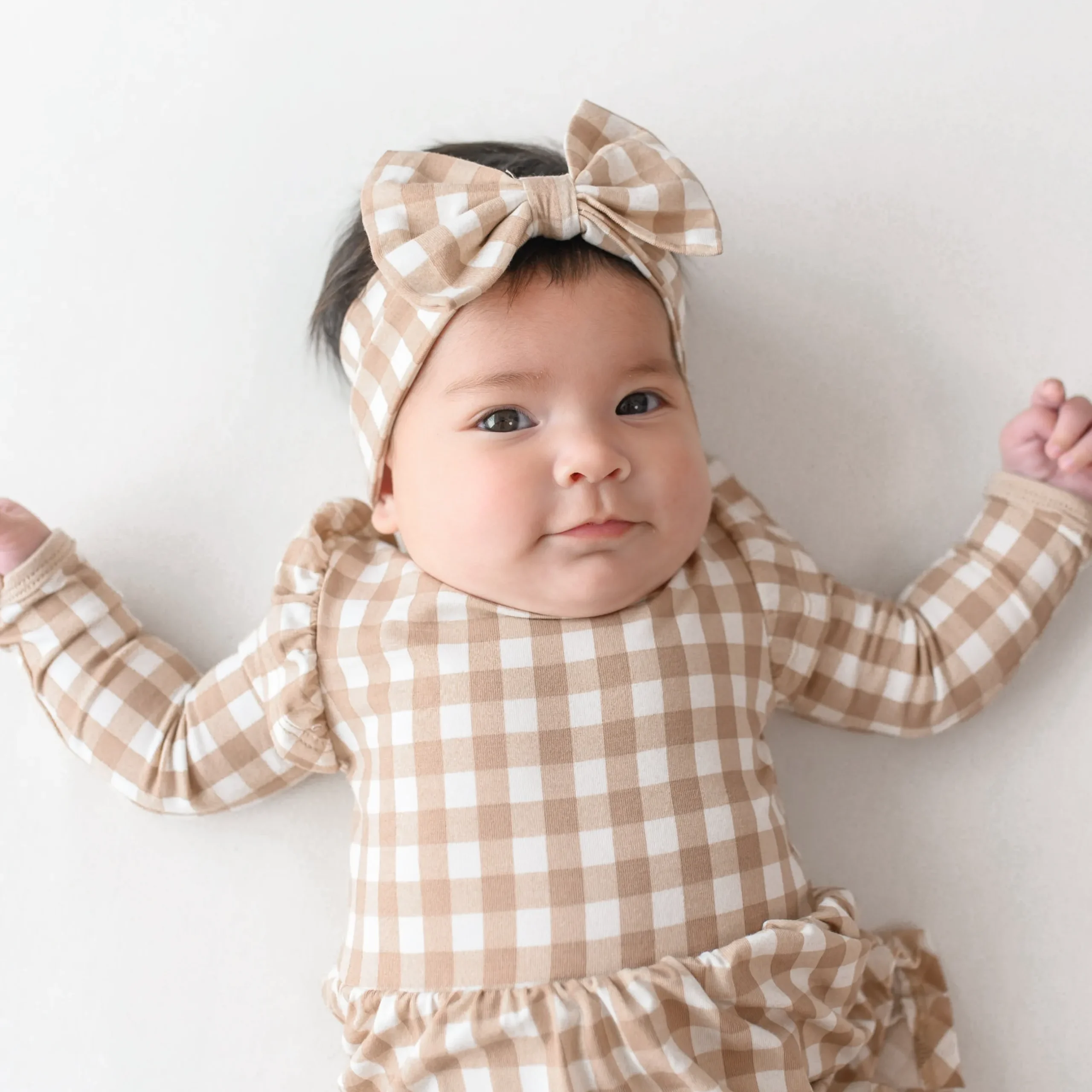 Clearance Kyte Baby Long Sleeve Twirl Bodysuit Dress in Gingham Bisque