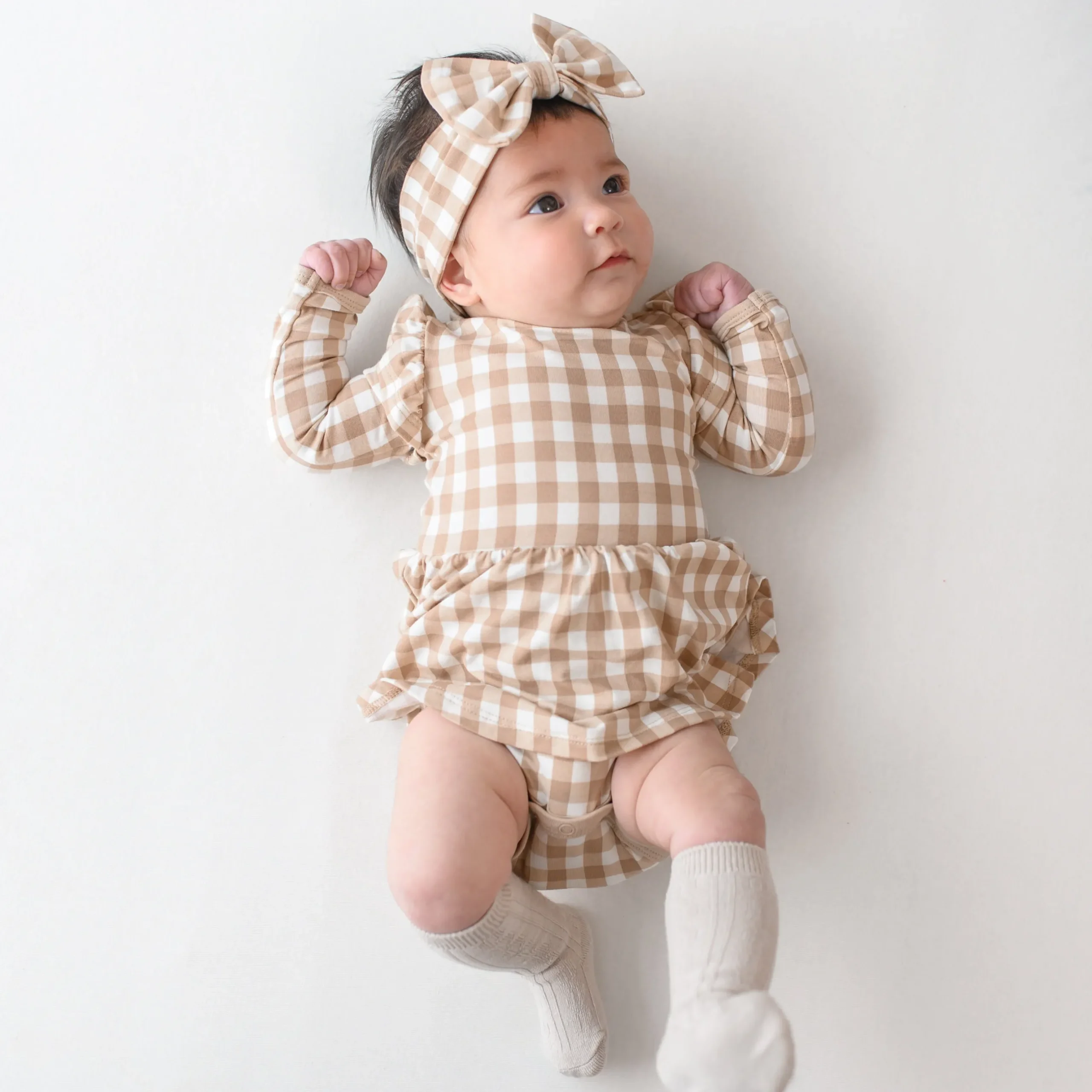 Clearance Kyte Baby Long Sleeve Twirl Bodysuit Dress in Gingham Bisque