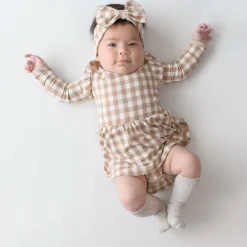 Clearance Kyte Baby Long Sleeve Twirl Bodysuit Dress in Gingham Bisque