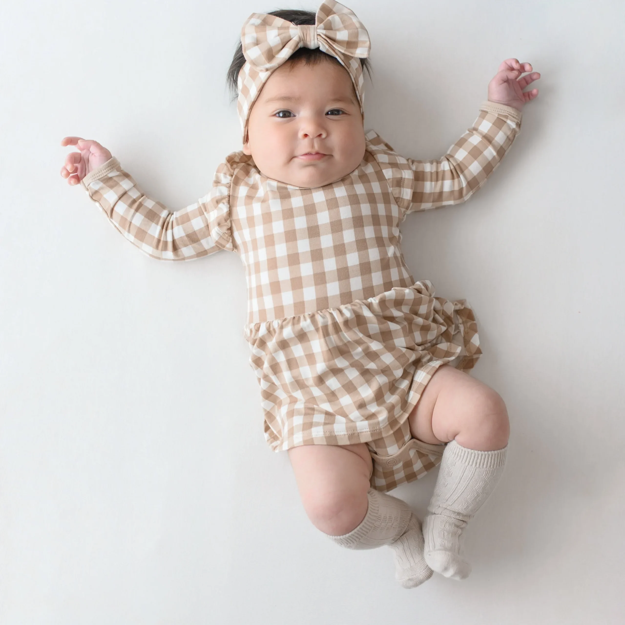 Clearance Kyte Baby Long Sleeve Twirl Bodysuit Dress in Gingham Bisque