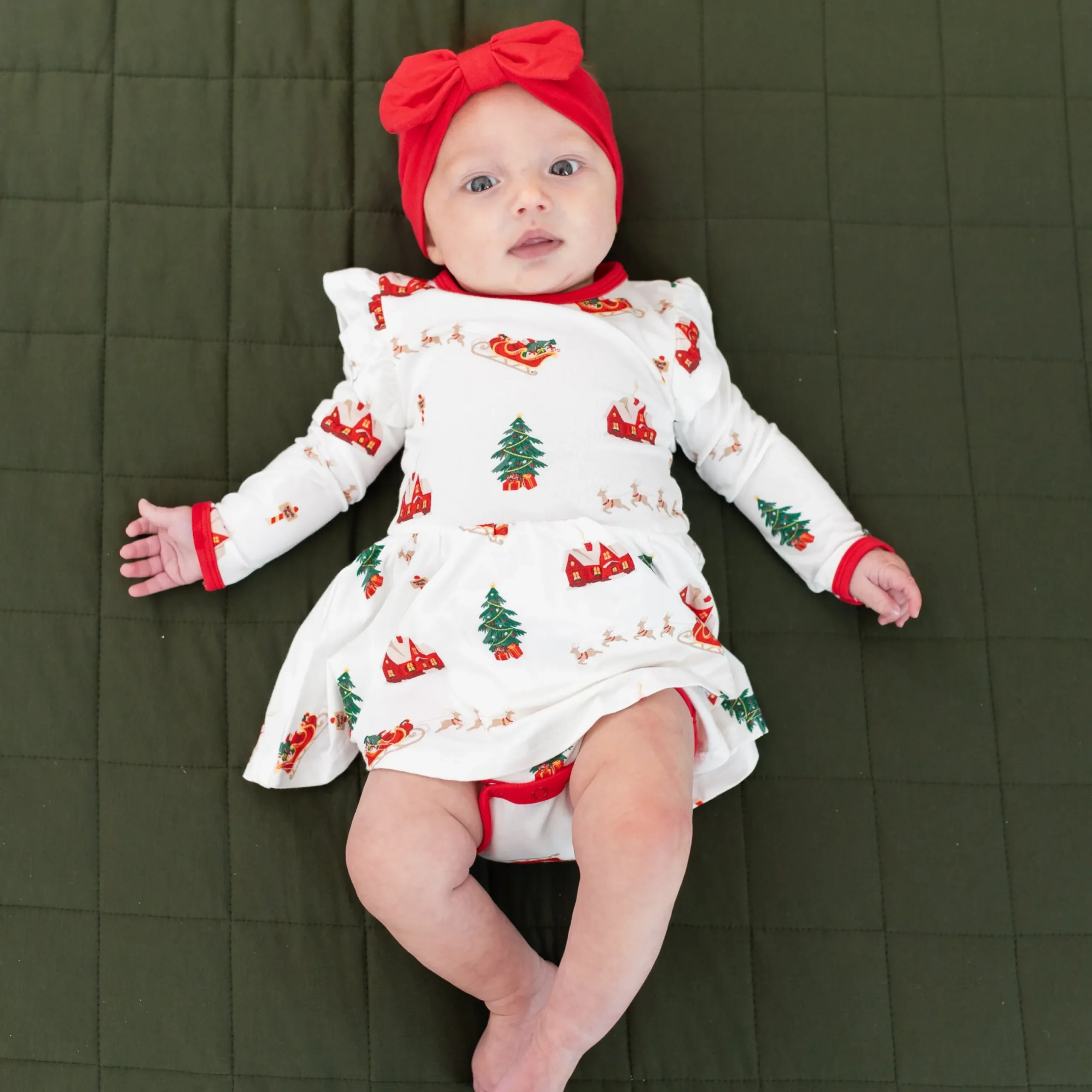 Discount Kyte Baby Long Sleeve Twirl Bodysuit Dress in Santa Sleigh