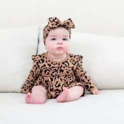 New Kyte Baby Long Sleeve Twirl Bodysuit Dress in Latte Leopard