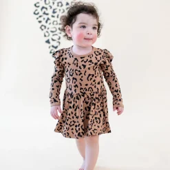 New Kyte Baby Long Sleeve Twirl Bodysuit Dress in Latte Leopard