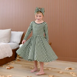 New Kyte Baby Long Sleeve Twirl Dress in Gingham Fir