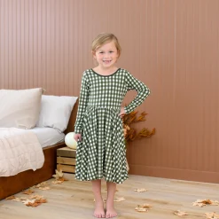 New Kyte Baby Long Sleeve Twirl Dress in Gingham Fir