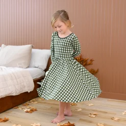 New Kyte Baby Long Sleeve Twirl Dress in Gingham Fir