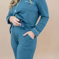 New Kyte Baby Long-Sleeved Women's Pajama Set in with Cloud Trim Atlantic