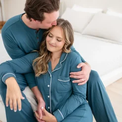 New Kyte Baby Long-Sleeved Women's Pajama Set in with Cloud Trim Atlantic