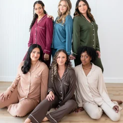 New Kyte Baby Long-Sleeved Women's Pajama Set in with Cloud Trim Bisque