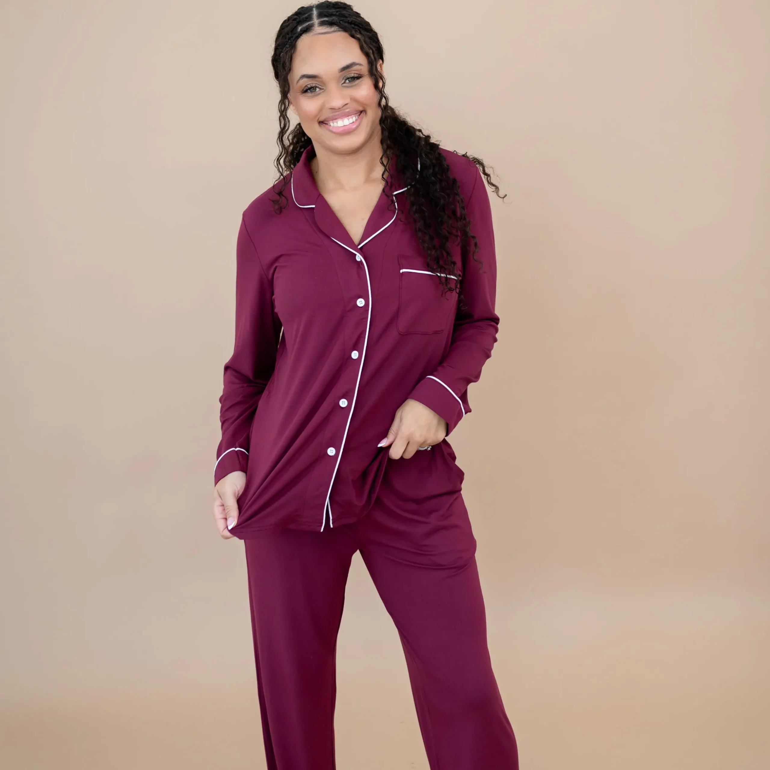 Online Kyte Baby Long-Sleeved Women's Pajama Set in with Cloud Trim Burgundy