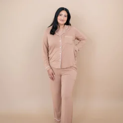 Discount Kyte Baby Long-Sleeved Women's Pajama Set in with Cloud Trim Latte
