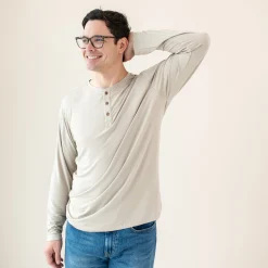 Hot Kyte Baby Men's Long Sleeve Henley Top in Bisque