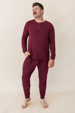 Kyte Baby Men's Ribbed Henley Set in Burgundy