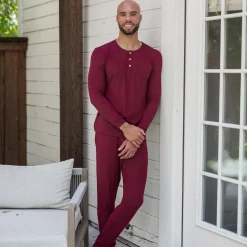 Kyte Baby Men's Ribbed Henley Set in Burgundy