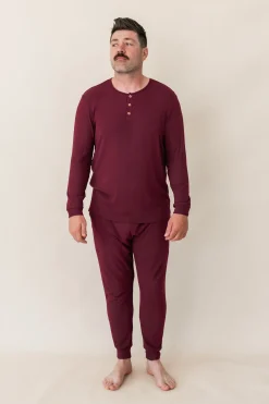 Kyte Baby Men's Ribbed Henley Set in Burgundy