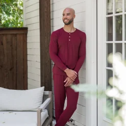 Kyte Baby Men's Ribbed Henley Set in Burgundy