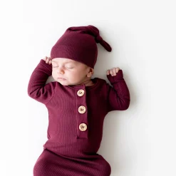 Clearance Kyte Baby Ribbed Knotted Gown with Hat Set in Burgundy
