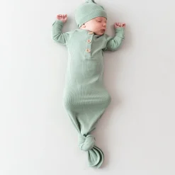 New Kyte Baby Ribbed Knotted Gown with Hat Set in Thyme