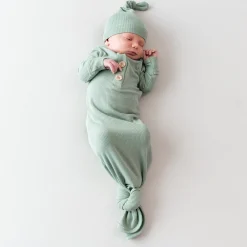 New Kyte Baby Ribbed Knotted Gown with Hat Set in Thyme