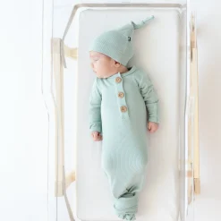 Kyte Baby Ribbed Knotted Gown with Hat Set in Sage