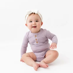 Hot Kyte Baby Ribbed Long Sleeve Henley Bodysuit in Taro