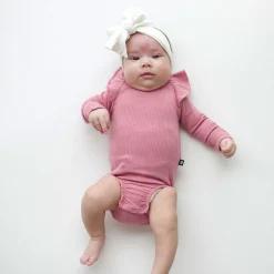 New Kyte Baby Ribbed Long Sleeve Ruffle Leotard in Apple Blossom