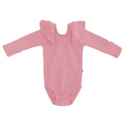 New Kyte Baby Ribbed Long Sleeve Ruffle Leotard in Apple Blossom