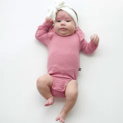 New Kyte Baby Ribbed Long Sleeve Ruffle Leotard in Apple Blossom
