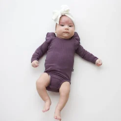 Hot Kyte Baby Ribbed Long Sleeve Ruffle Leotard in Currant