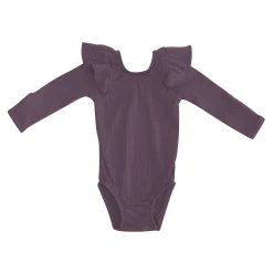 Hot Kyte Baby Ribbed Long Sleeve Ruffle Leotard in Currant