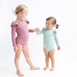 Outlet Kyte Baby Ribbed Long Sleeve Ruffle Leotard in Sage