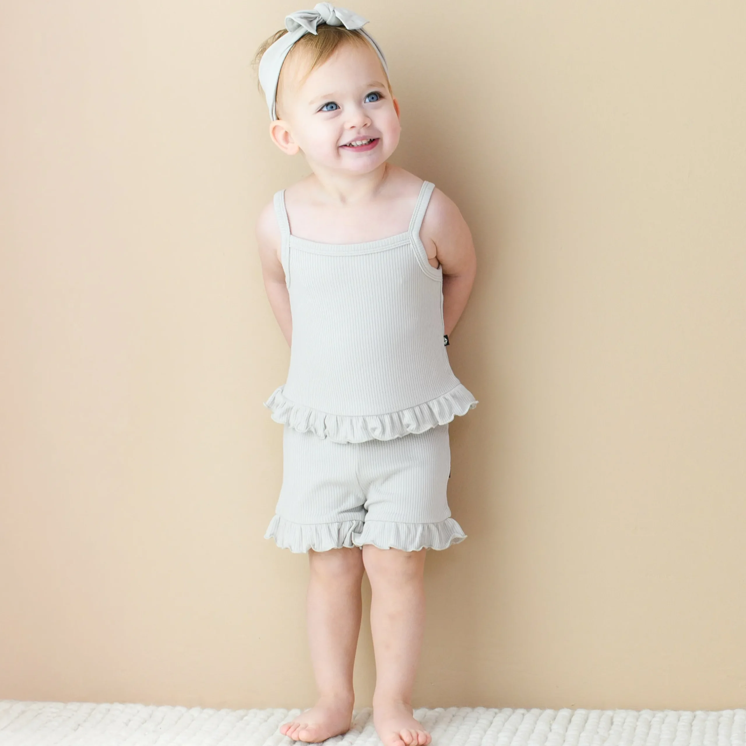 Clearance Kyte Baby Ribbed Ruffle Tank Set in Oat