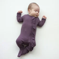 Kyte Baby Ribbed Ruffle Zipper Footie in Currant
