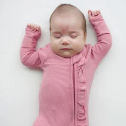 Kyte Baby Ribbed Ruffle Zipper Romper in Apple Blossom