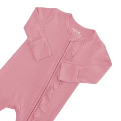 Kyte Baby Ribbed Ruffle Zipper Romper in Apple Blossom