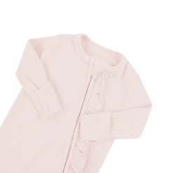 Clearance Kyte Baby Ribbed Ruffle Zipper Romper in Blush