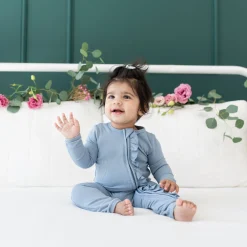 Clearance Kyte Baby Ribbed Ruffle Zipper Romper in Slate