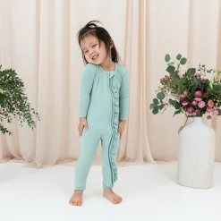 Best Kyte Baby Ribbed Ruffle Zipper Romper in Sage