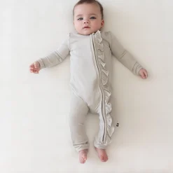 Clearance Kyte Baby Ribbed Ruffle Zipper Romper in Oat