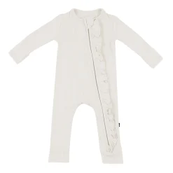 Clearance Kyte Baby Ribbed Ruffle Zipper Romper in Oat