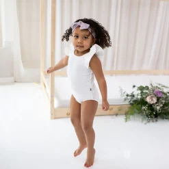 New Kyte Baby Ribbed Sleeveless Ruffle Leotard in Cloud
