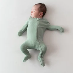 New Kyte Baby Ribbed Zipper Footie in Thyme