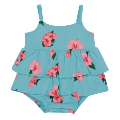Best Kyte Baby Spaghetti Strap Ruffle Romper in Hibiscus