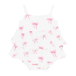 New Kyte Baby Spaghetti Strap Ruffle Romper in Bow